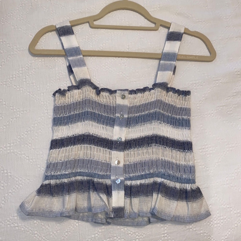 NWOT By Together Blue and White Smocked Tank Top with Ruffle. Size S